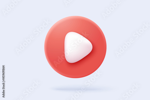 3d social media play video in background. Red round play button for start multimedia with colorful concept of video, audio playback. 3d media player button icon rendering vector illustration