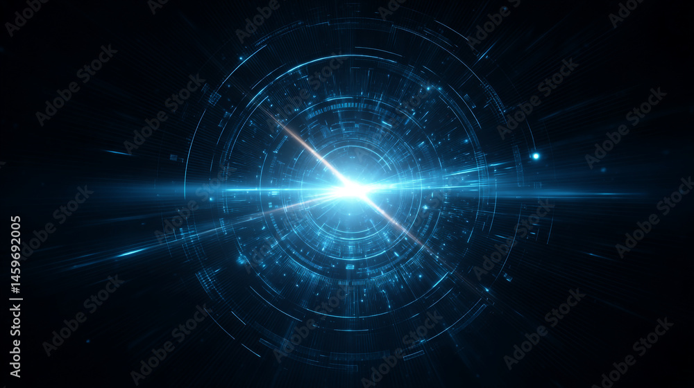 A glowing blue circle with lines and a bright light in the center on a dark background image A glowing blue circle with lines and a bright light in the center on a dark background image
