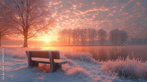 Frosty sunrise over a calm lake, with a bench covered in frost, offering a peaceful winter scene