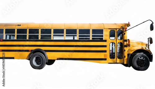 a detailed image of a yellow school bus showcasing its side profile design isolated on white background