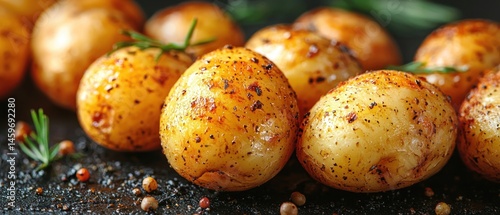 Close-up of roasted potatoes seasoned with herbs and spices. Golden-brown, crispy exterior