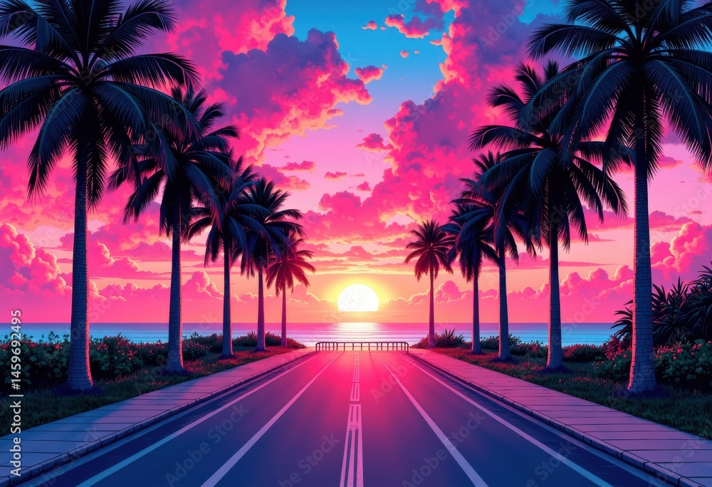 Fototapeta premium Vibrant sunset over a palm-lined road leading to the ocean