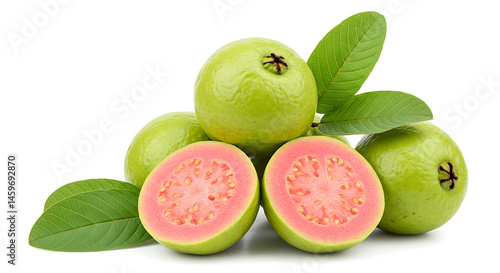 Wallpaper Mural A stack of guavas with green leaves, isolated on a white background, with one guava cut open at the front to display its pink flesh and small seeds Torontodigital.ca