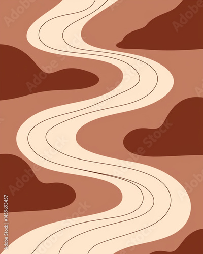 A brown and white line drawing of a river with clouds in the background