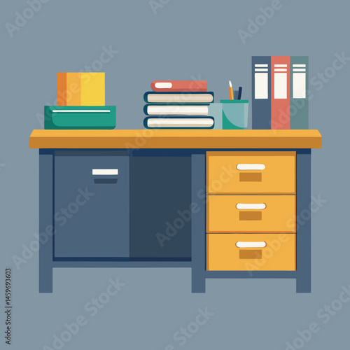 A professional vector of a school teacher’s desk with drawers and files, placed on a solid soft gray background