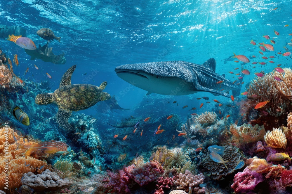 Fototapeta premium Vibrant coral reef teeming with life, a whale shark and sea turtle swim gracefully.