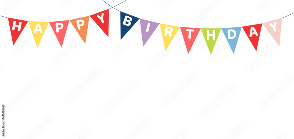 Obraz premium Bunting, hanging flags with text Happy Birthday, festive decorations, garland, isolated vector illustration. Holiday celebration, festival, carnival, party, anniversary design element