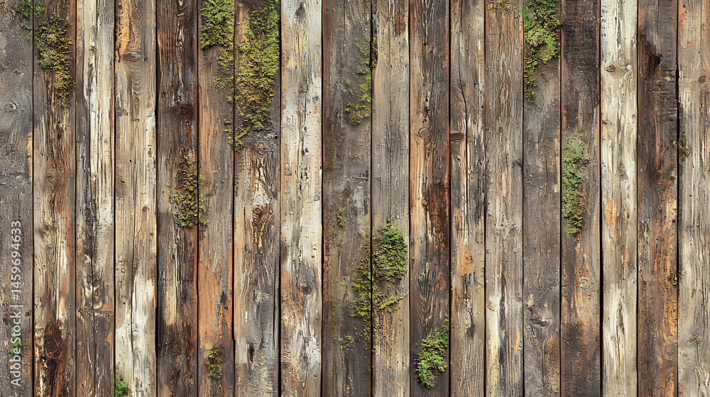 Fototapeta premium A wooden fence with moss growing on it