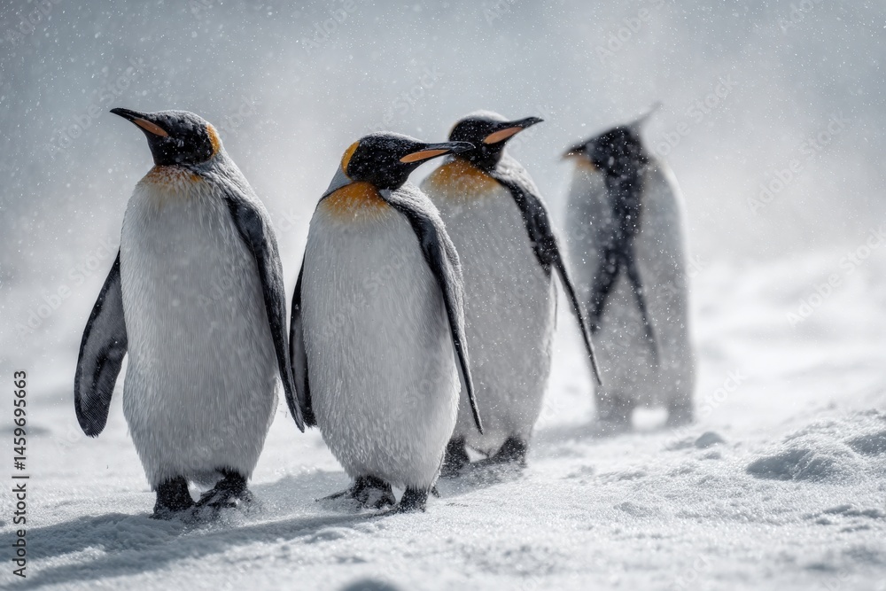 Fototapeta premium King penguins waddle through a snowy flurry, their sleek feathers glistening.