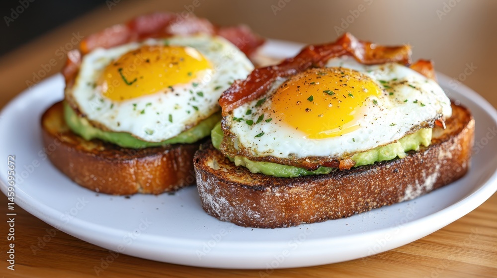 An enticing breakfast dish featuring two slices of toasted bread topped with fried eggs, crispy bacon, and creamy avocado, perfect for a delicious start to the day. An enticing breakfast dish featuring two slices of toasted bread topped with fried eggs, crispy bacon, and creamy avocado, perfect for a delicious start to the day.