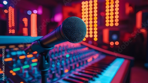 Close-up of a professional microphone on a stand above a sound mixing board and keyboard with colorful blurred lights in the backg