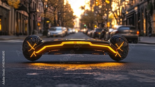 Futuristic personal vehicle on city street.  Low-slung, sleek design with glowing accents.  Urban setting at sunset