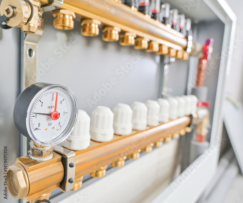 This image showcases a modern heating system featuring valves, a pressure gauge, and sleek pipes, highlighting essential plumbing components in a contemporary setting.