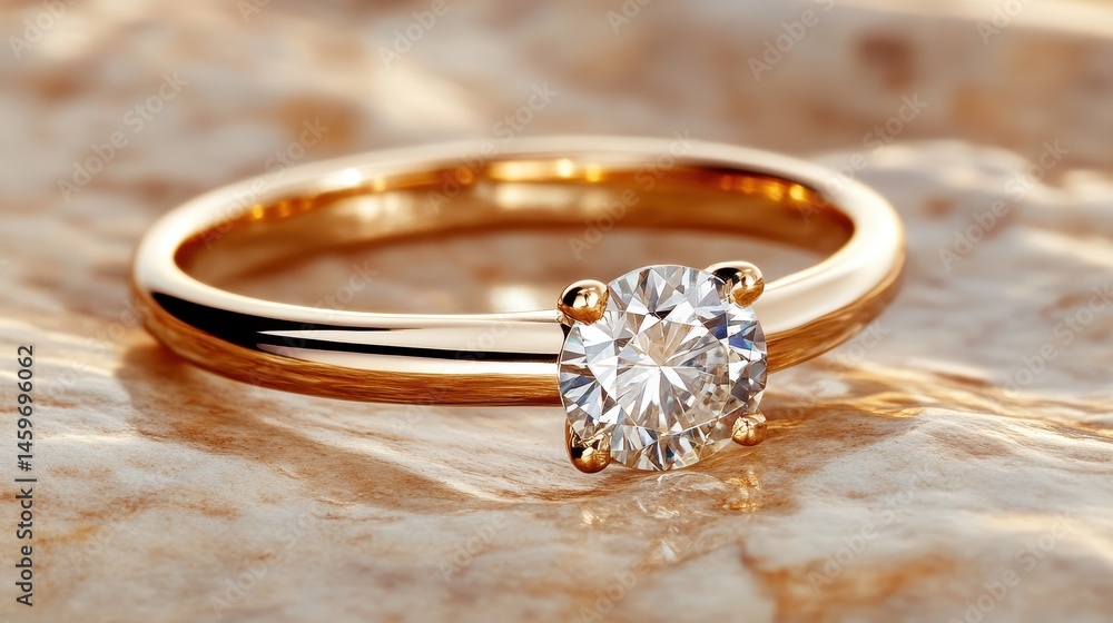 A radiant diamond ring captures attention on a polished stone surface, embodying luxury and elegance through its brilliant design and symbolism of love and commitment. A radiant diamond ring captures attention on a polished stone surface, embodying luxury and elegance through its brilliant design and symbolism of love and commitment.