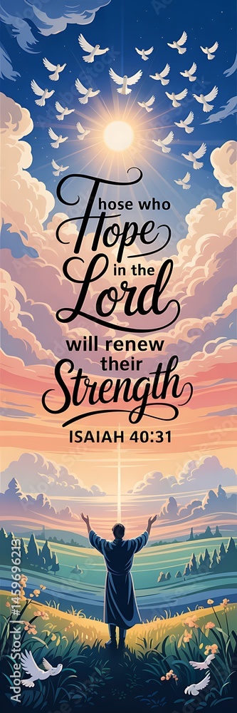 Obraz premium A religious poster design THOSE WHO hope IN THE Lord WILL RENEW THEIR Strength elegant text. Below the biblical reference ISAIAH 4031 in black text. background has a blue sky with white clouds