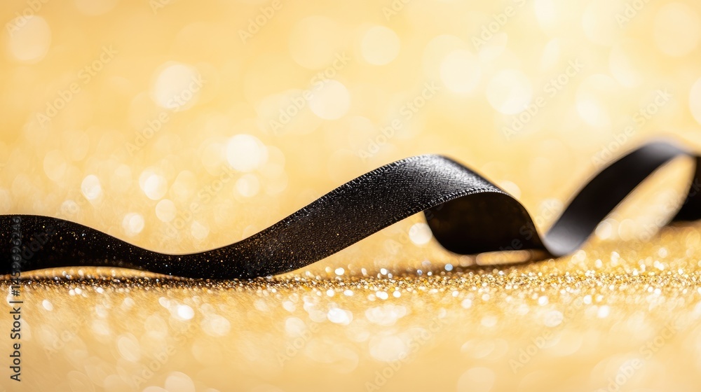 Elegant black ribbon on golden glitter background