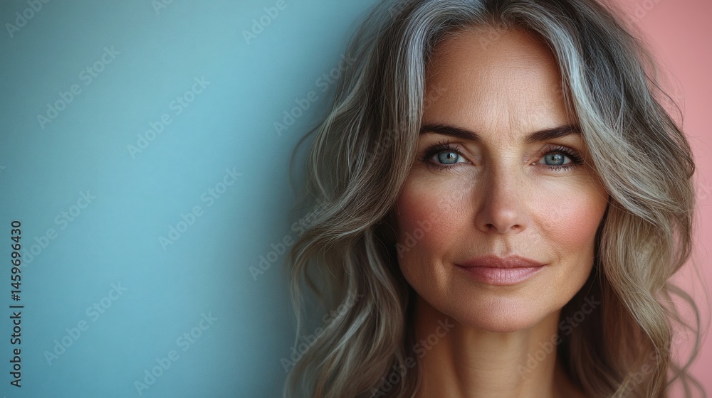 High contrast side by side portrait of an older woman with dark silver hair comparing natural aging and beauty in a professional and artistic photography study High contrast side by side portrait of an older woman with dark silver hair comparing natural aging and beauty in a professional and artistic photography study