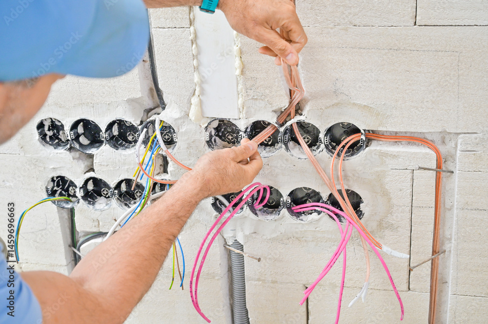 A close-up view of colorful wiring connections being handled by an electrician, showcasing the complexity and intricacies involved in modern electrical installations