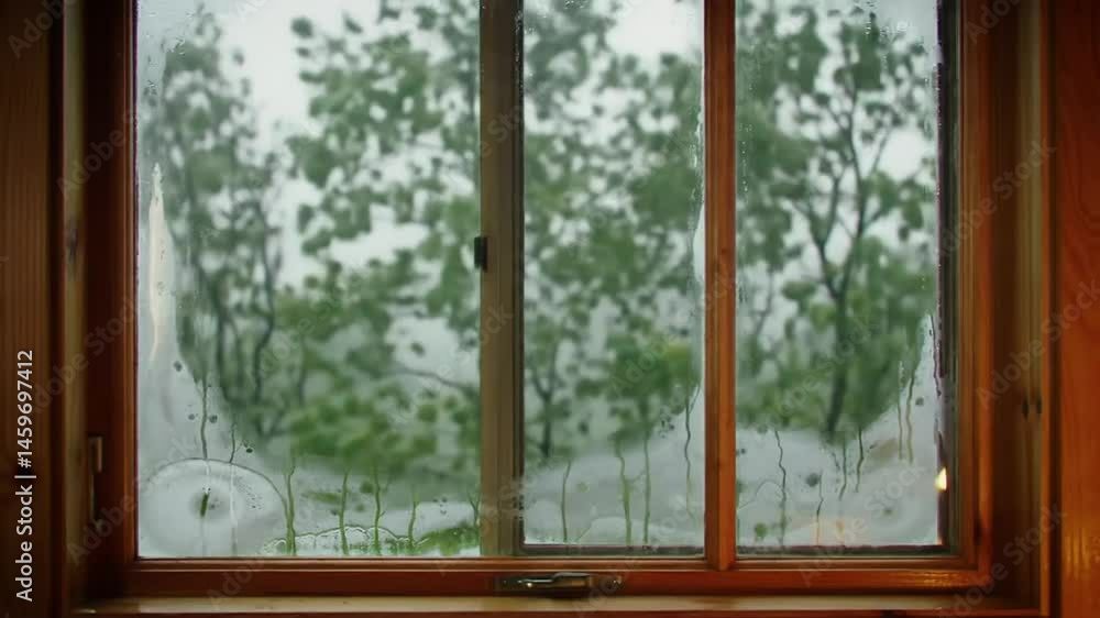 A Glimpse of Nature's Embrace: Serene Raindrops on a Rustic Windowpane A Glimpse of Nature's Embrace: Serene Raindrops on a Rustic Windowpane