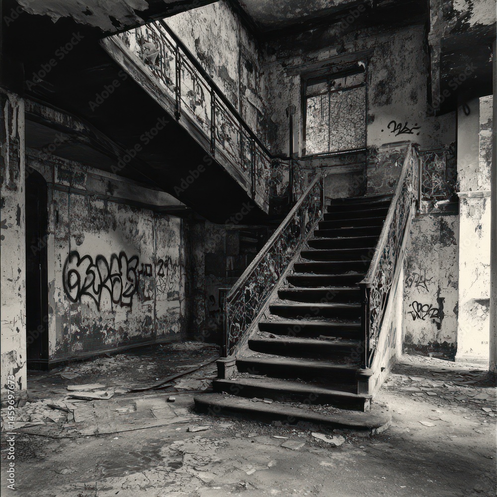 Obraz premium Derelict building's grand staircase, showing decay and graffiti.