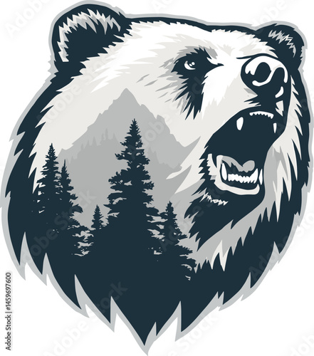 Stylized roaring bear head silhouette with forest and mountain landscape double exposure in grayscale
