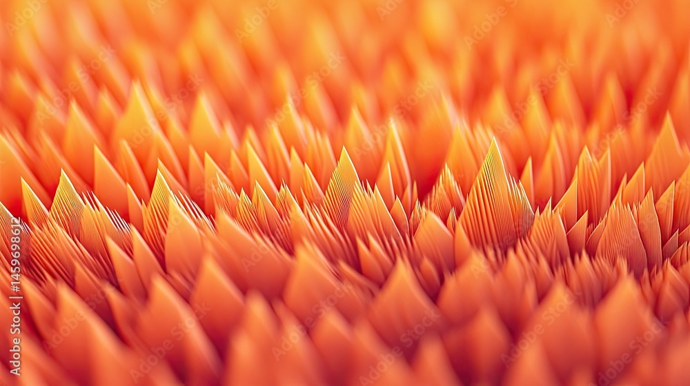 Abstract orange textured surface with pointed peaks. Close-up view of a highly detailed, geometric pattern