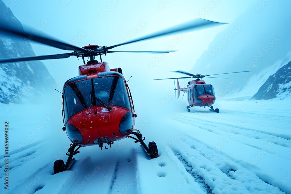 Obraz premium A pilot and co-pilot in a storm-battered helicopter trying to land during a blizzard on a glacier.