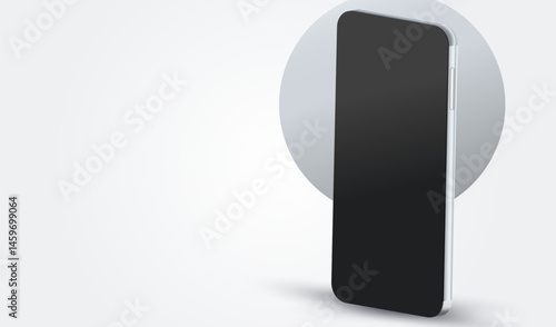 Modern white phone mock up front view. White mobile isolated with black screen for display your ux design, site, presentation and promo. Realistic 3d smartphone standing on desk with shadow.