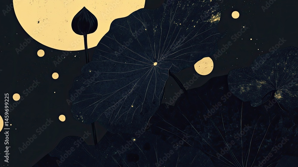 Dark lotus leaves under a pale moon