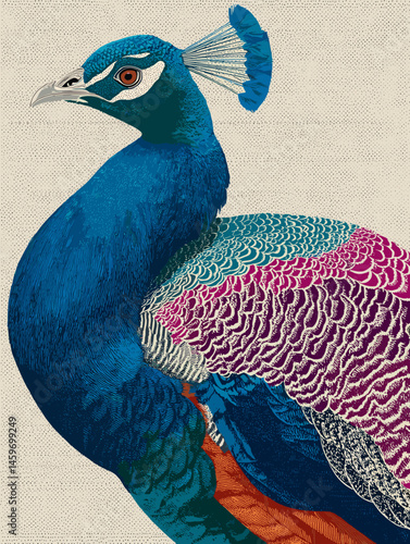 Vintage peacock illustration with detailed plumage in rich blue, magenta and green hues on textured background
