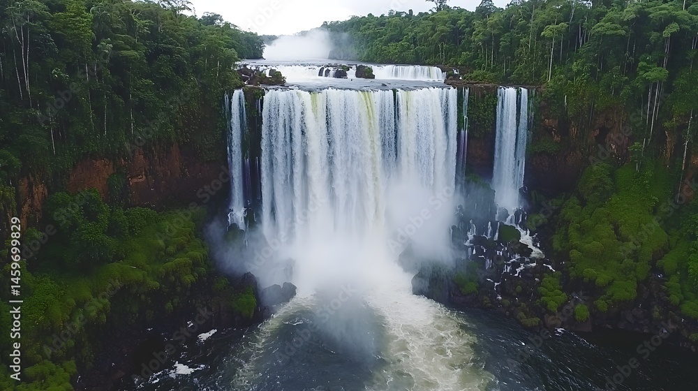 Fototapeta premium Majestic waterfall cascading down a rocky cliff face surrounded by lush vegetation.