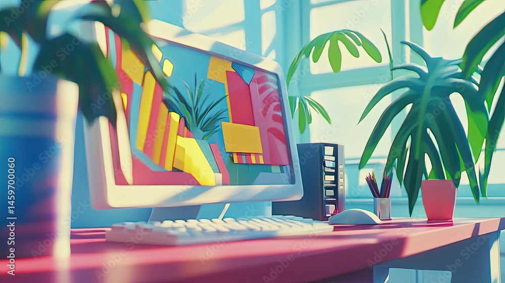 Vibrant, colorful digital workspace with plants and bright light.