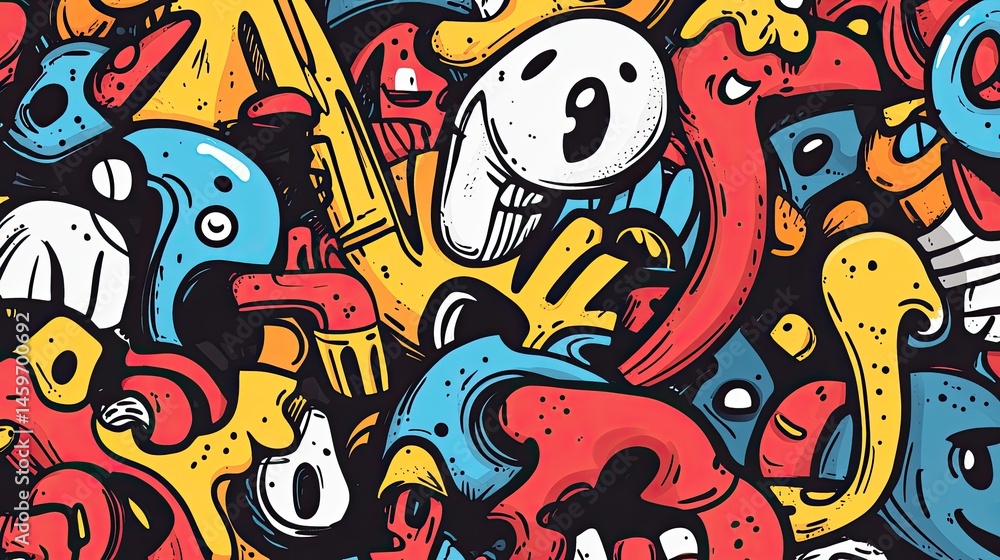 Vibrant, chaotic doodle pattern. Detailed, colorful, cartoonish characters, and shapes intertwine