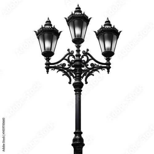 Black street lamp post isolated on white background