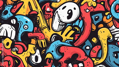 Obraz na płótnie Vibrant, chaotic doodle pattern. Detailed, colorful, cartoonish characters, and shapes intertwine w salonie