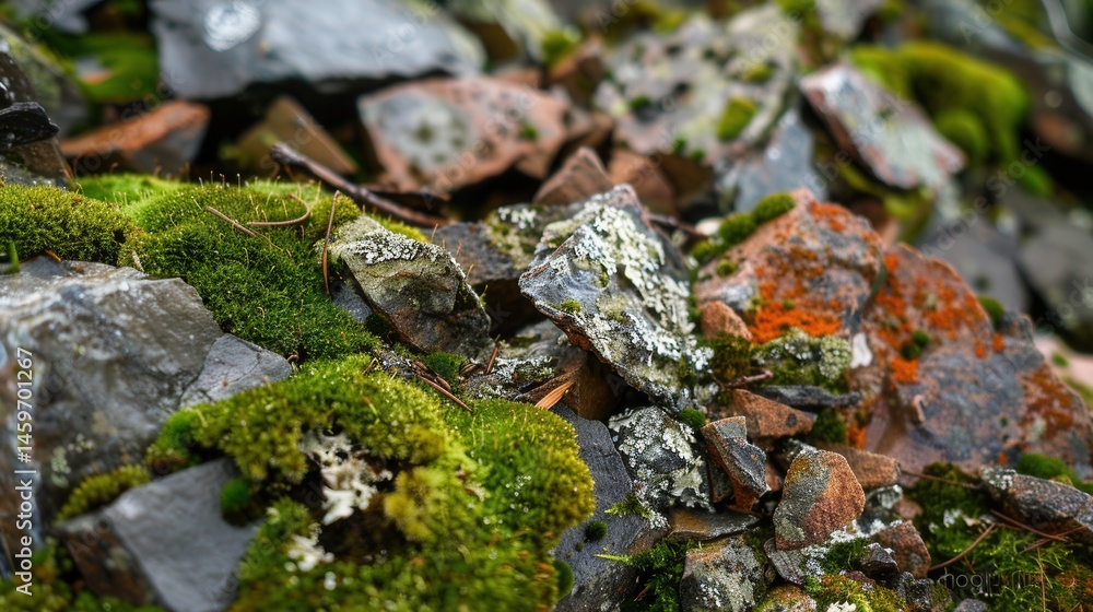 Natural Stones Covered with Green Moss in a Forest Environment Natural Stones Covered with Green Moss in a Forest Environment