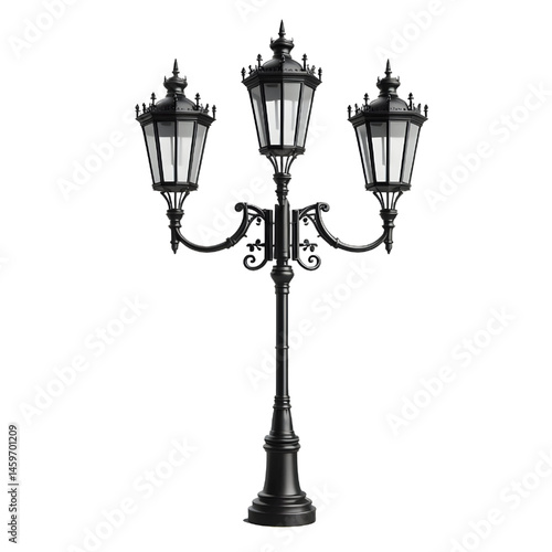 Black street lamp post isolated on white background