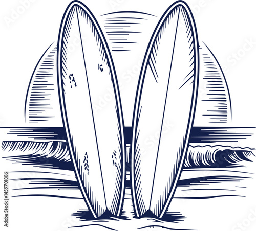 Hand-Drawn Surfboard Beach Scene – Black and White Palm Tree and Ocean Illustration