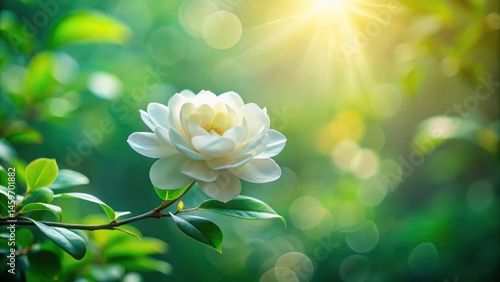 A single white blossom bathed in sunlight, delicate petals unfolding amidst a vibrant green foliage background