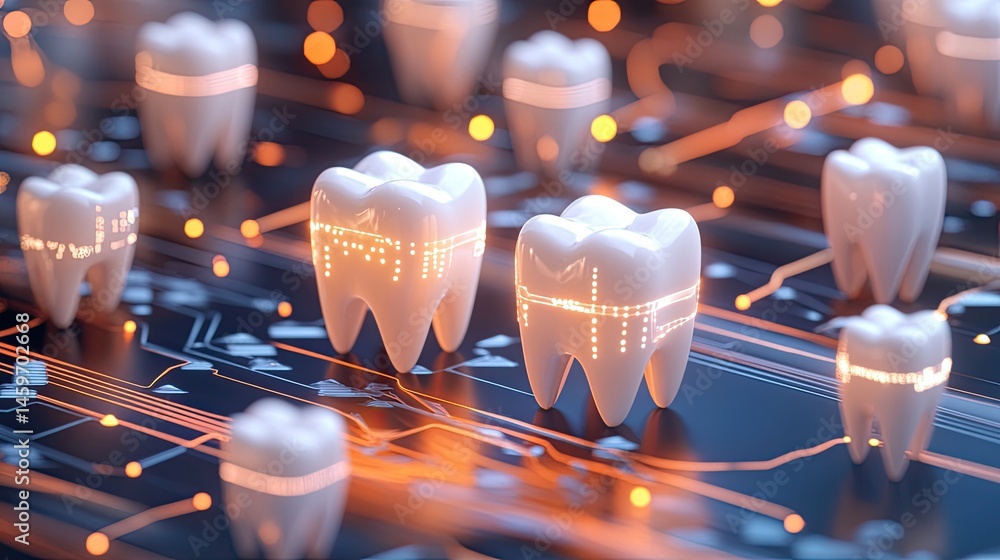Advanced dental technology with glowing teeth on a circuit board. Illuminated teeth display sophisticated internal structure, suggesting futuristic dental implants and procedures