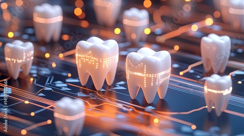 Obraz na płótnie Advanced dental technology with glowing teeth on a circuit board. Illuminated teeth display sophisticated internal structure, suggesting futuristic dental implants and procedures w salonie