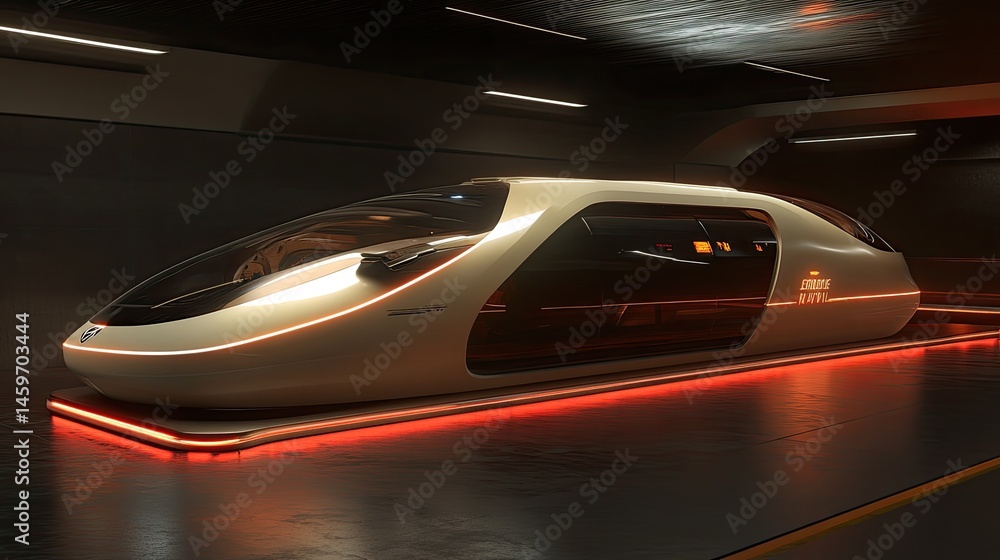 Futuristic, sleek, personal transportation vehicle within a subterranean tunnel. Illuminated by orange/red lights, highlighting its smooth, aerodynamic design