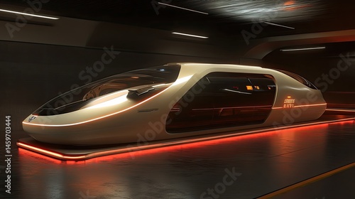 Futuristic, sleek, personal transportation vehicle within a subterranean tunnel.  Illuminated by orange/red lights, highlighting its smooth, aerodynamic design