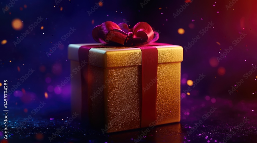 Golden gift box with red ribbon, vibrant lighting