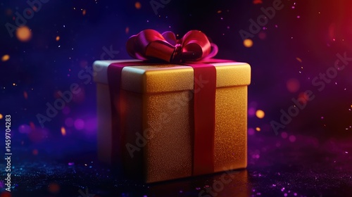 Obraz na płótnie Golden gift box with red ribbon, vibrant lighting w salonie