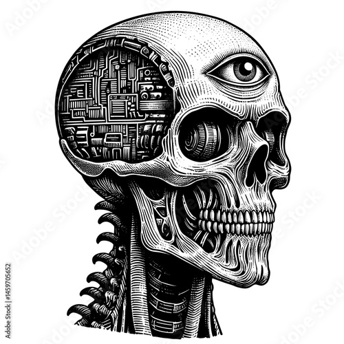 Cybernetic skull with third eye and intricate circuitry  