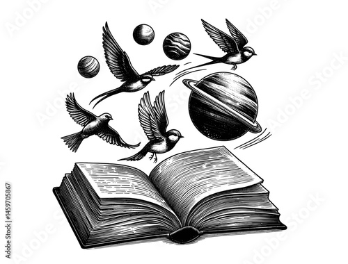 Open Book with Birds and Planets Flying Out  