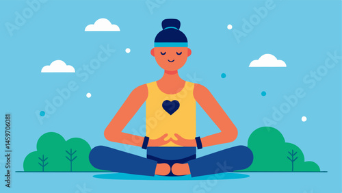 Fitness Tracker and Yoga A person in a yoga pose wearing a fitness tracker that displays their heart rate and calories burned with a calm outdoor background.