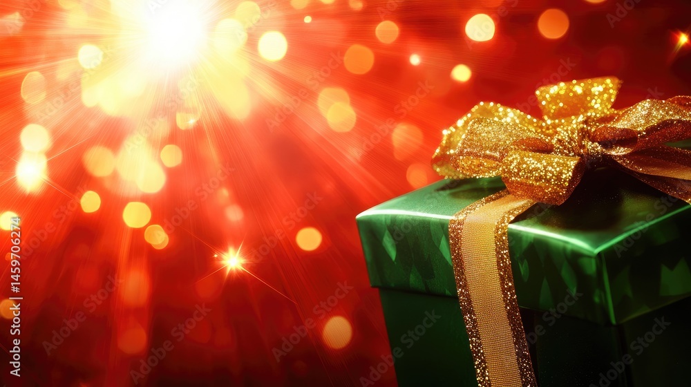 Festive Christmas Gift. A vibrant green gift box with a golden ribbon sits against a backdrop