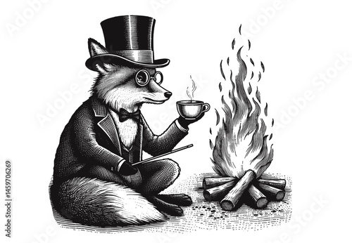 Dapper fox enjoying tea by a cozy campfire  